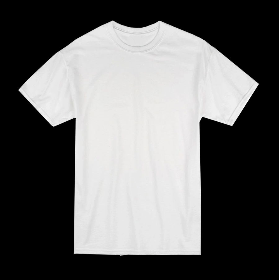 A white t-shirt is shown on a black background.