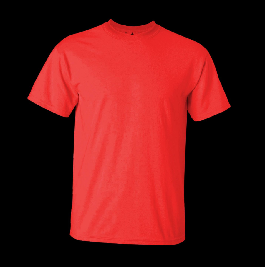 A red shirt is shown on a black background.