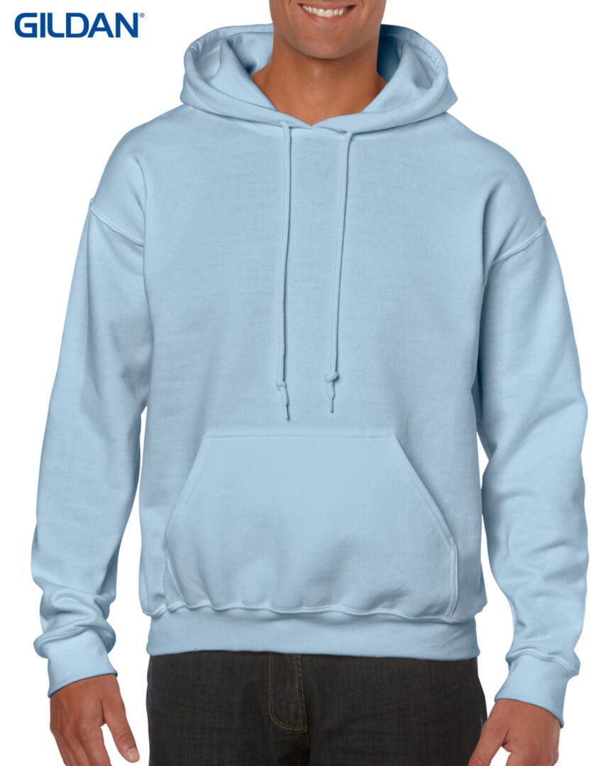 A light blue hoodie with a white logo on it.