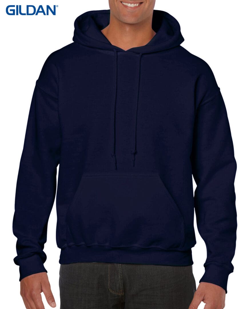 A man wearing a navy blue hoodie.