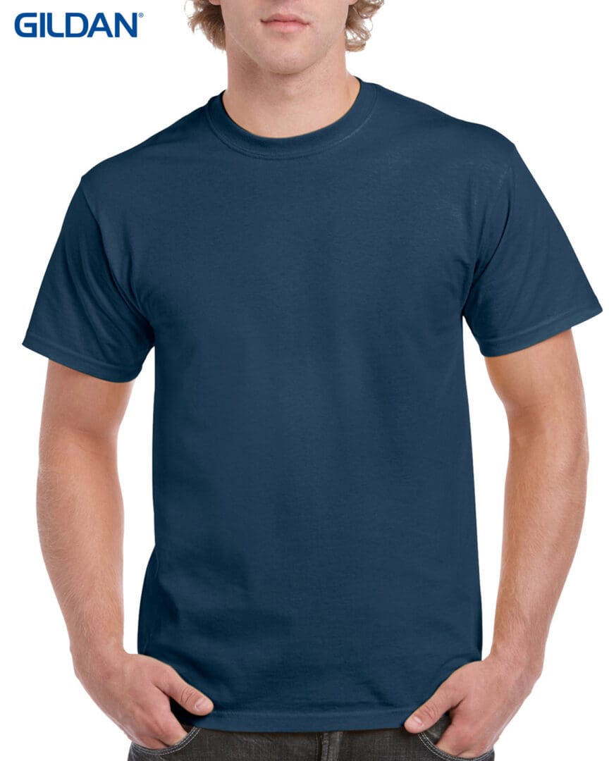 A man wearing a navy blue t-shirt.