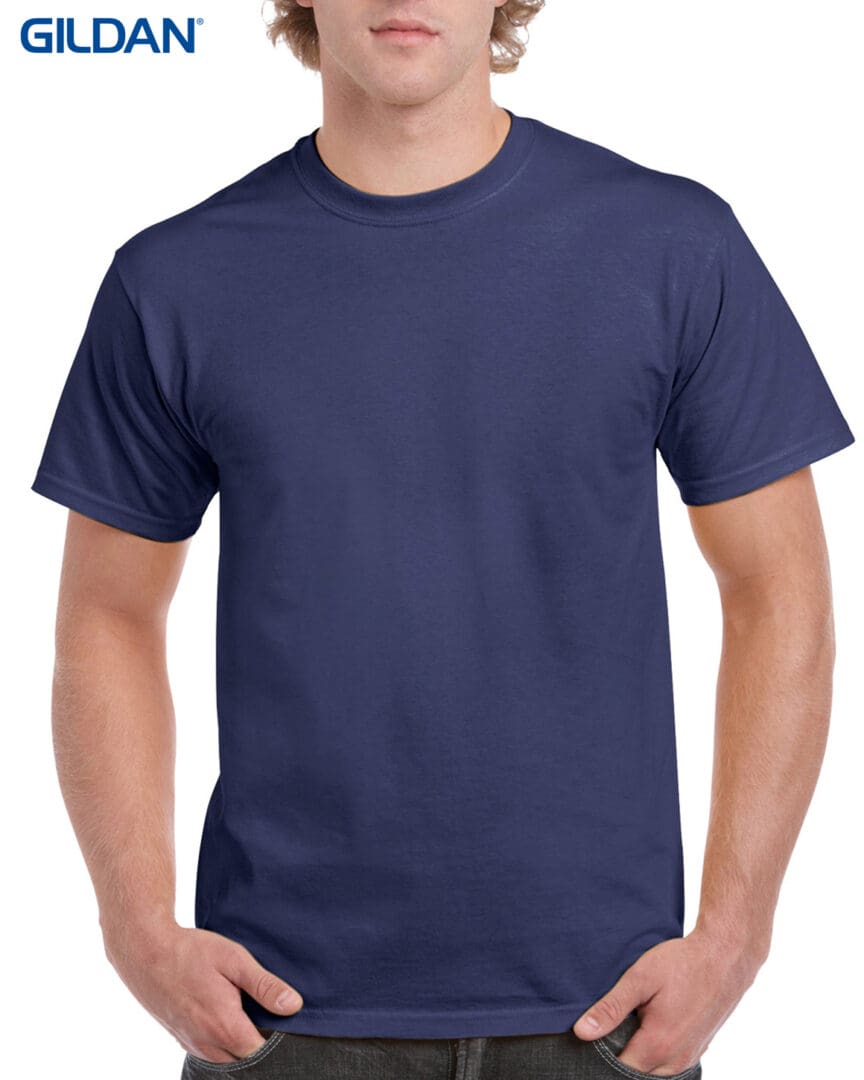 A man wearing a navy blue t-shirt.