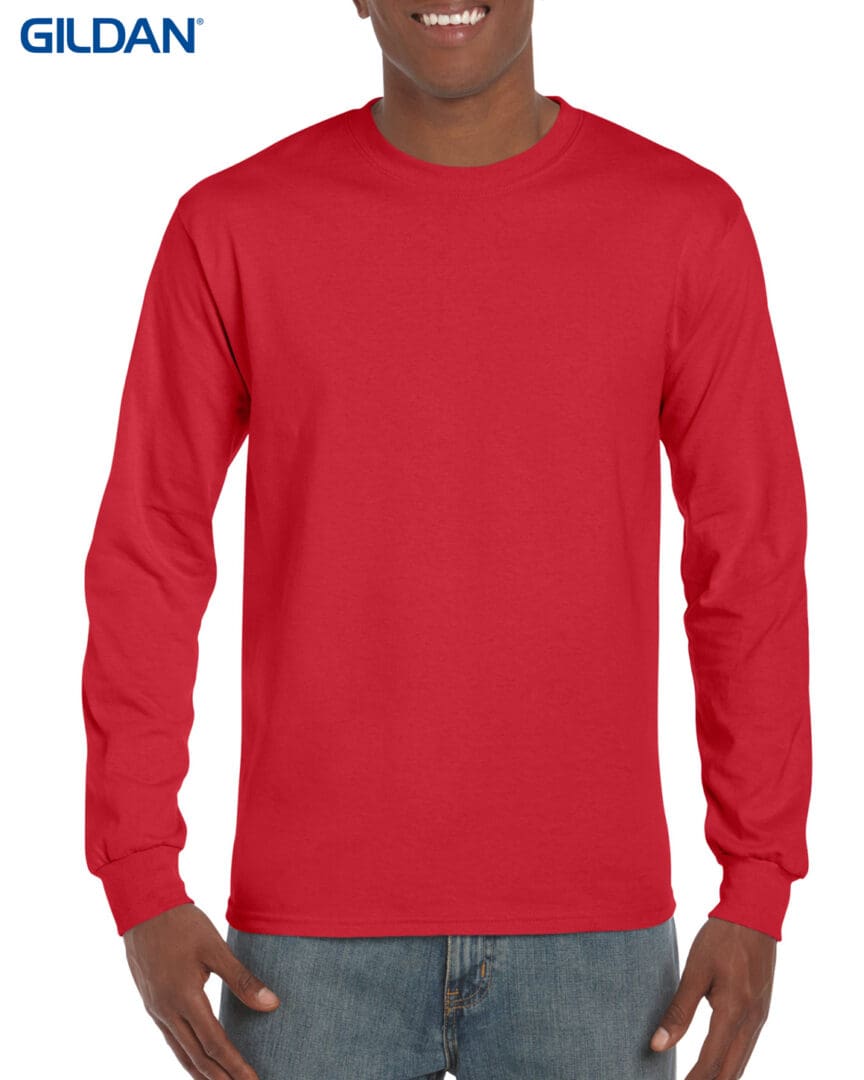 A red long sleeve shirt is shown.