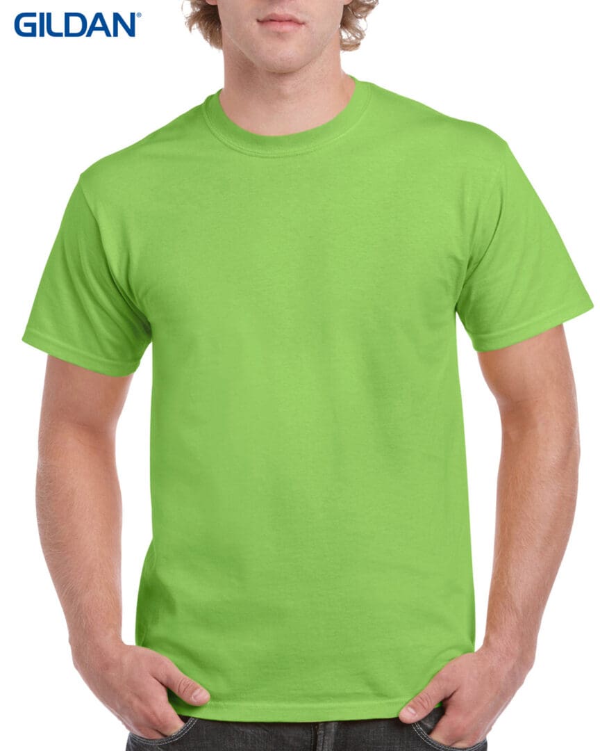 A man wearing a lime green t-shirt.