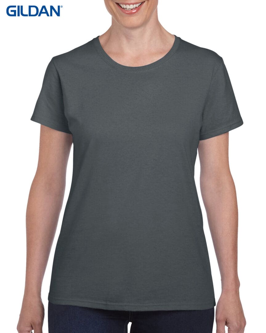 A woman wearing a dark gray t-shirt.