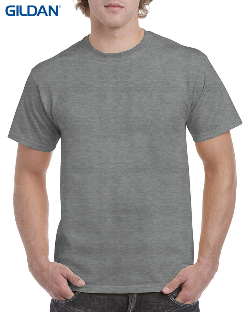 A man wearing a gray t-shirt with no background.