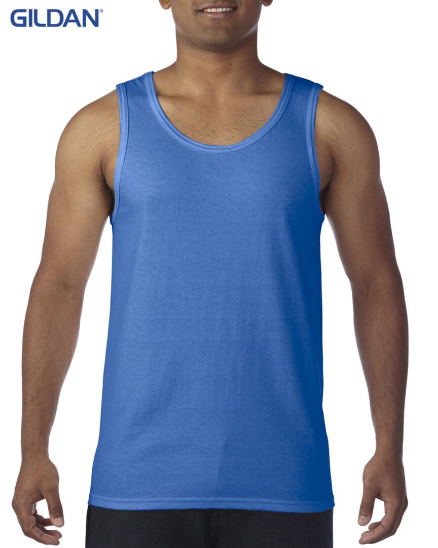 A man wearing a blue tank top.