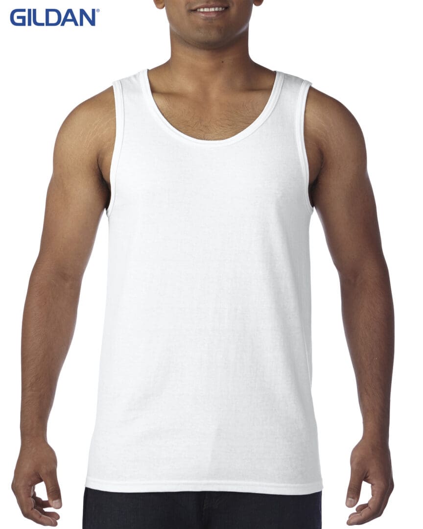 A man wearing white tank top with no sleeves.