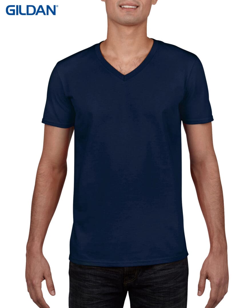 A man wearing a navy blue t-shirt.