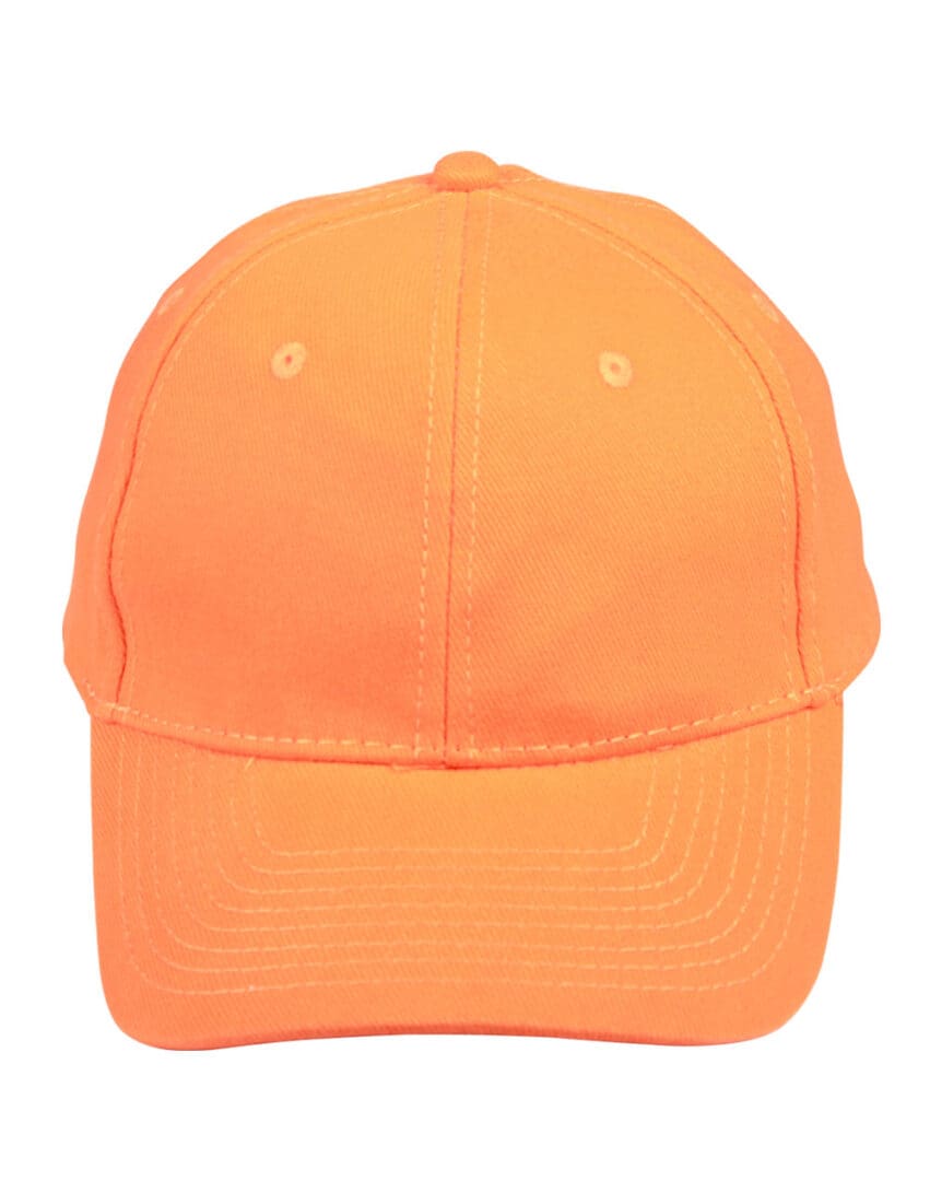 A neon orange hat is shown on a white background.