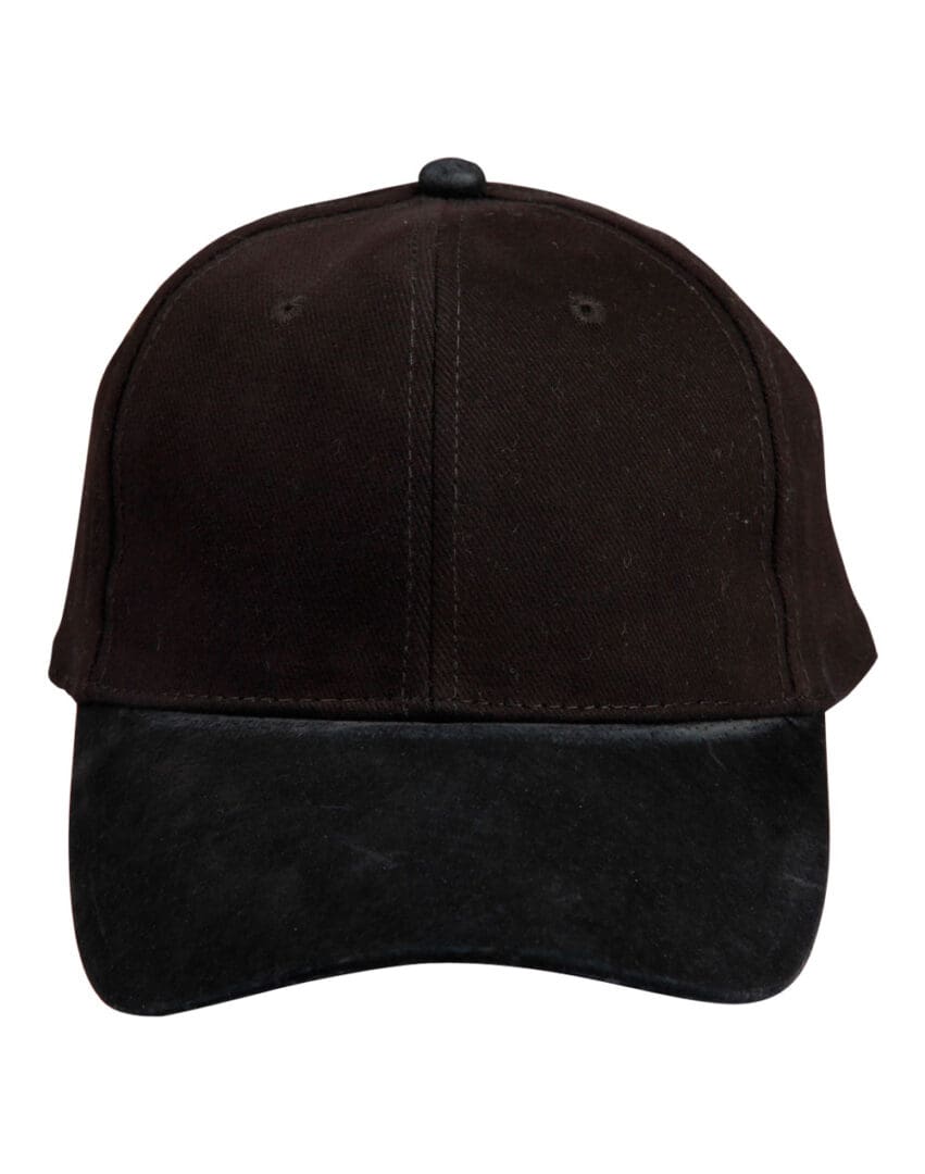 A black hat with a leather bill.