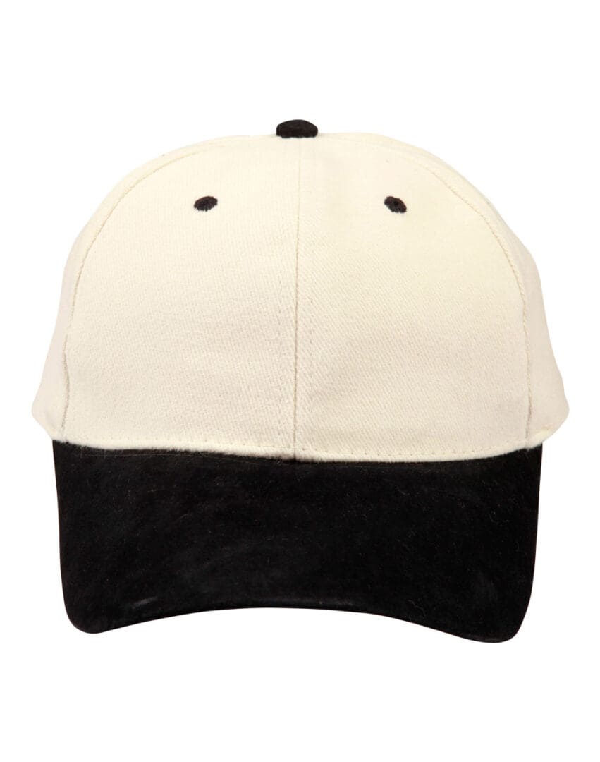 A white and black hat is shown from the front.