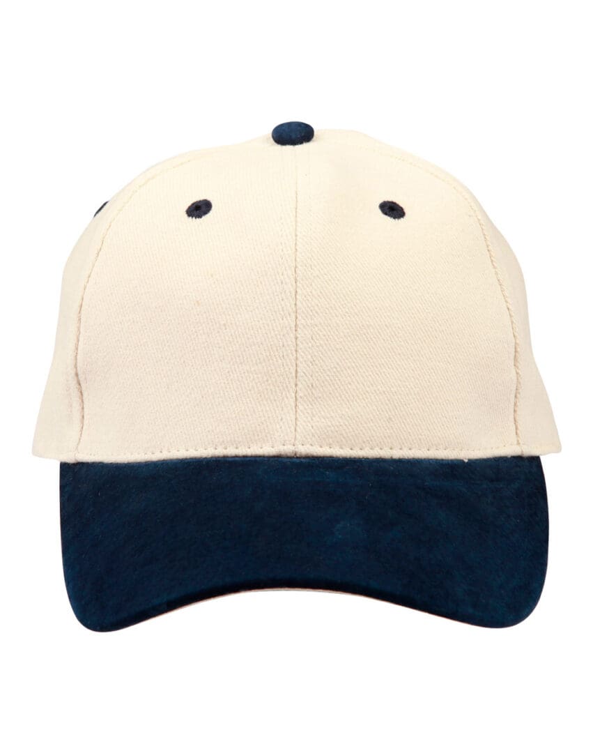 A baseball cap with a blue and white design on it.