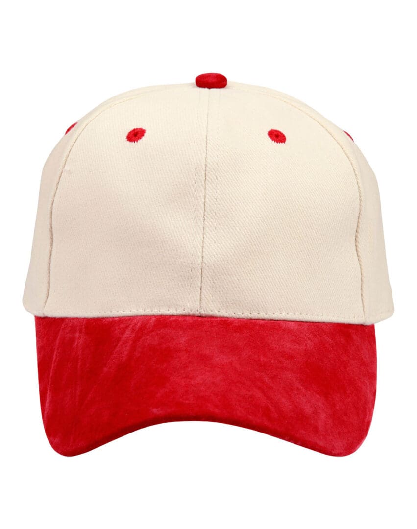 A red and white hat is shown from the front.