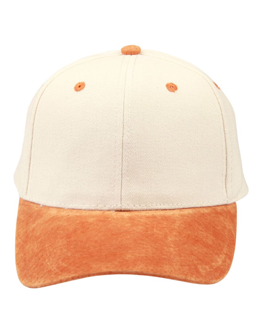 A baseball cap with an orange suede brim.