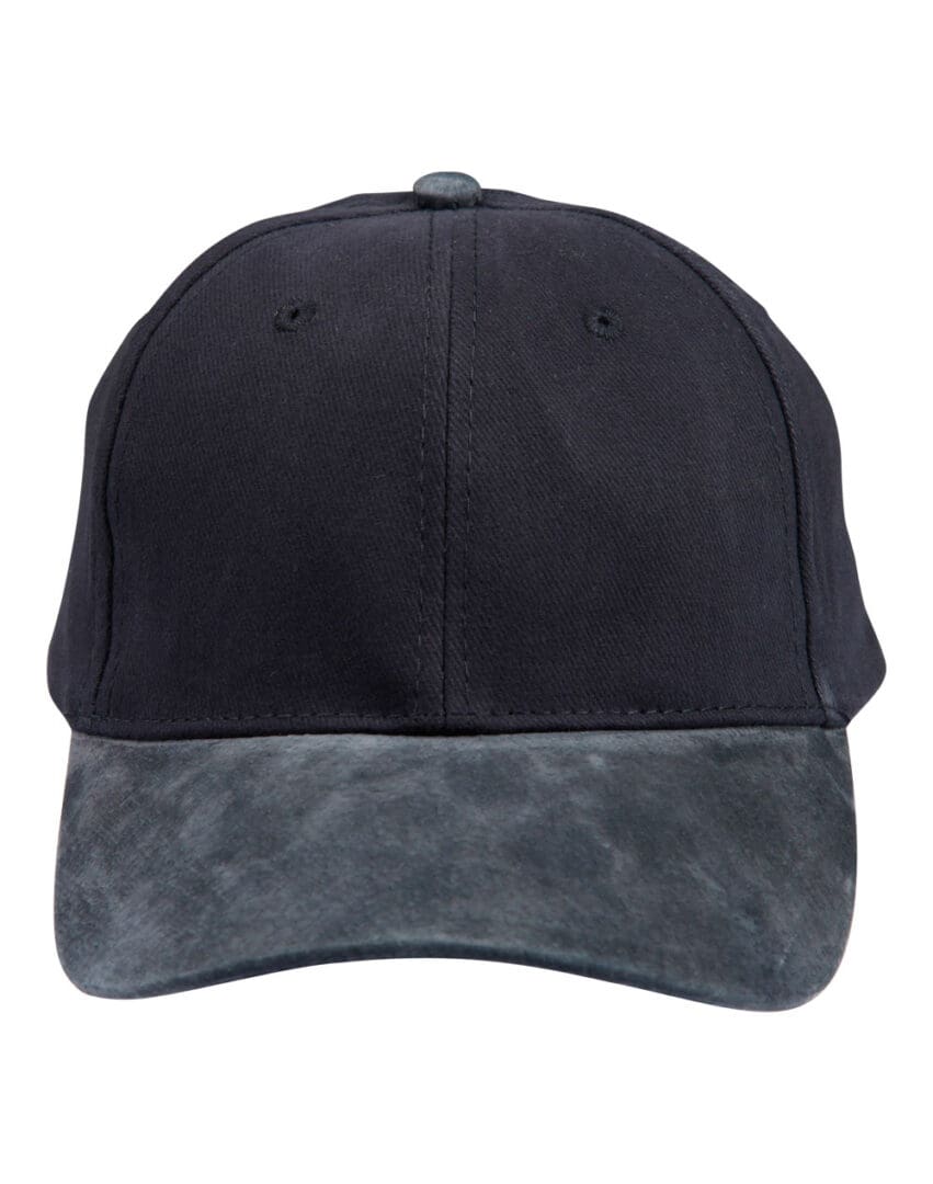 A black hat with a gray brim and the bottom of it.