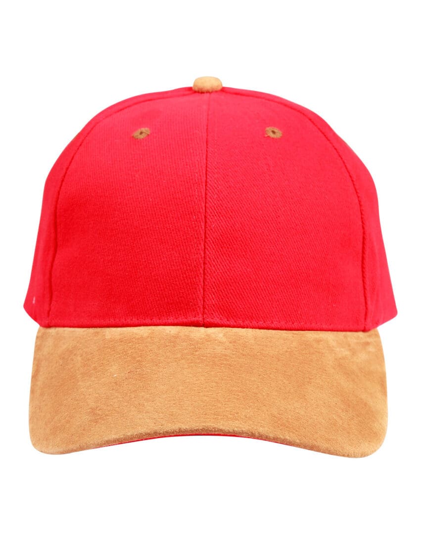 A red hat with brown suede brim and front panel.