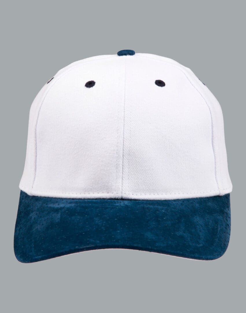 A white and blue hat is on the ground