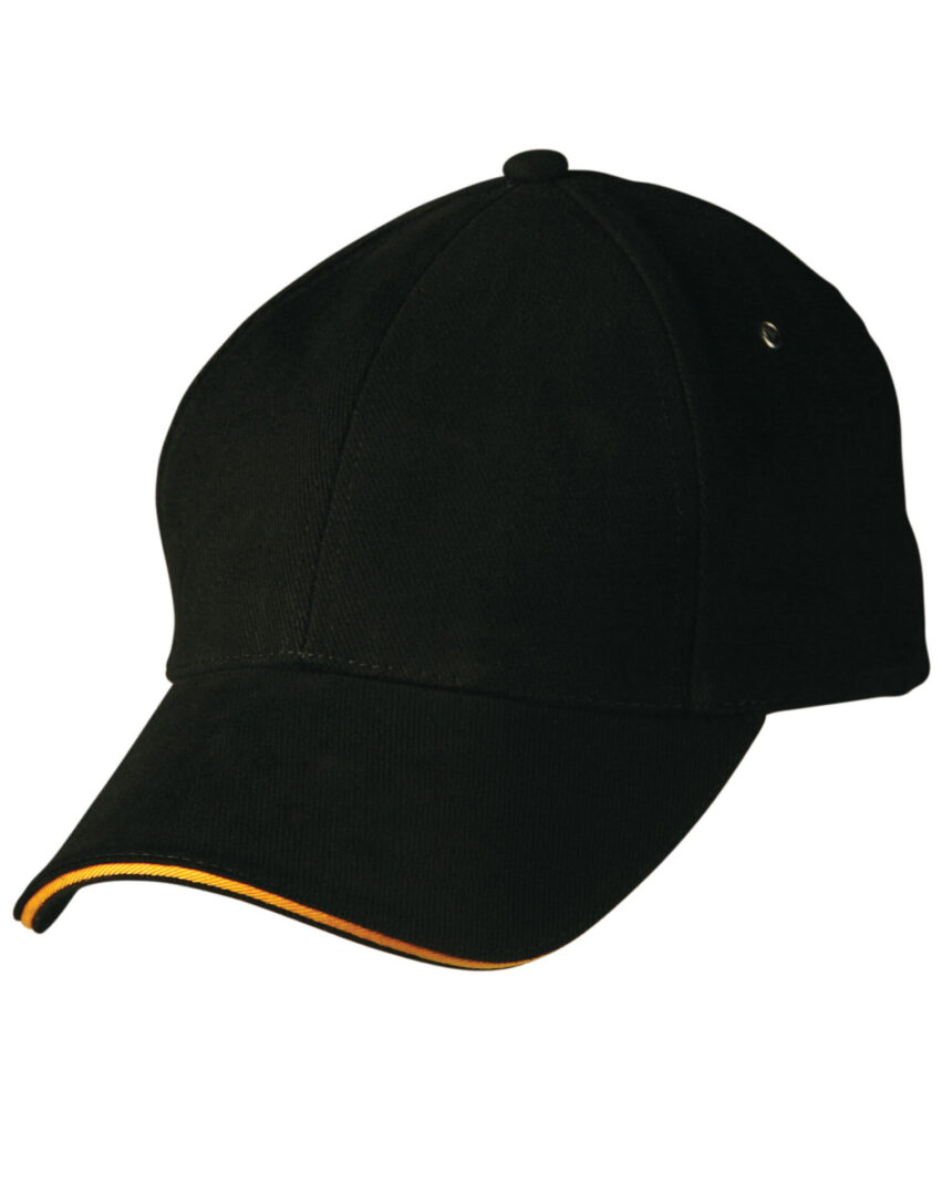 A black hat with yellow trim on top of it.