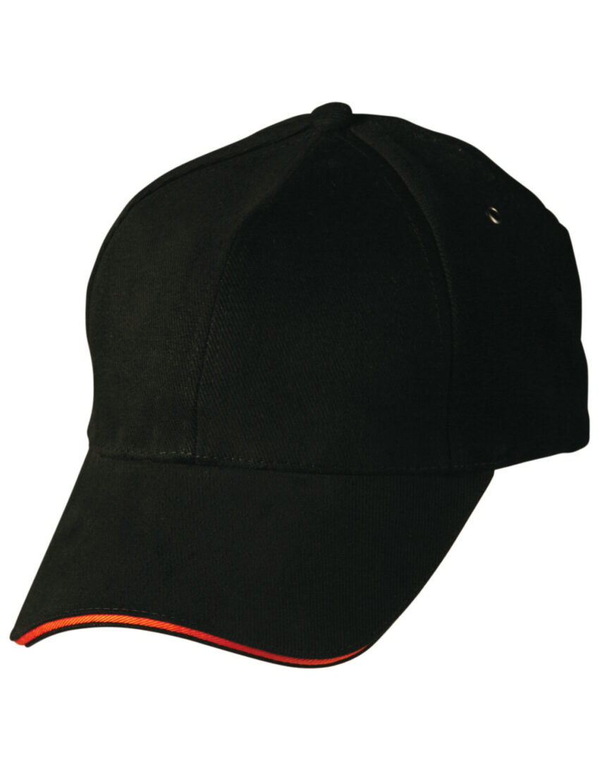 A black hat with red trim on top of it.