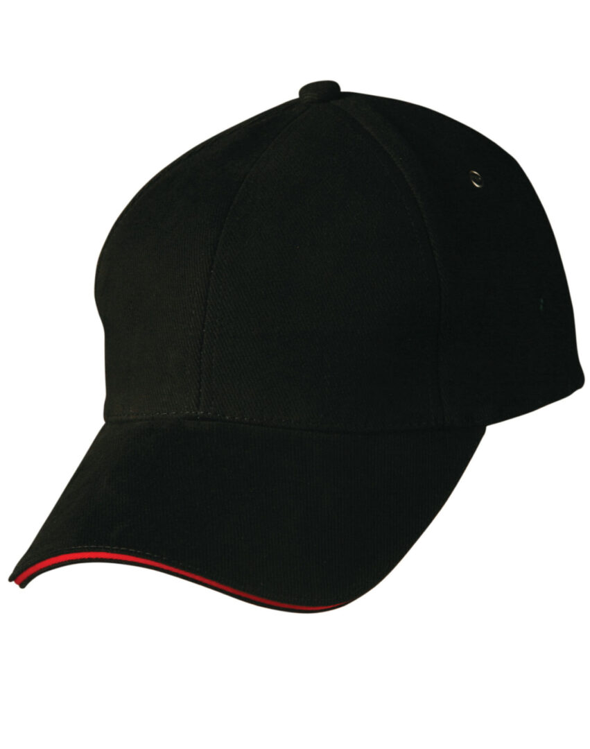 A black hat with red trim on top of it.