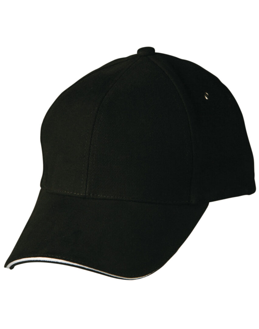 A black hat with white trim on top of it.