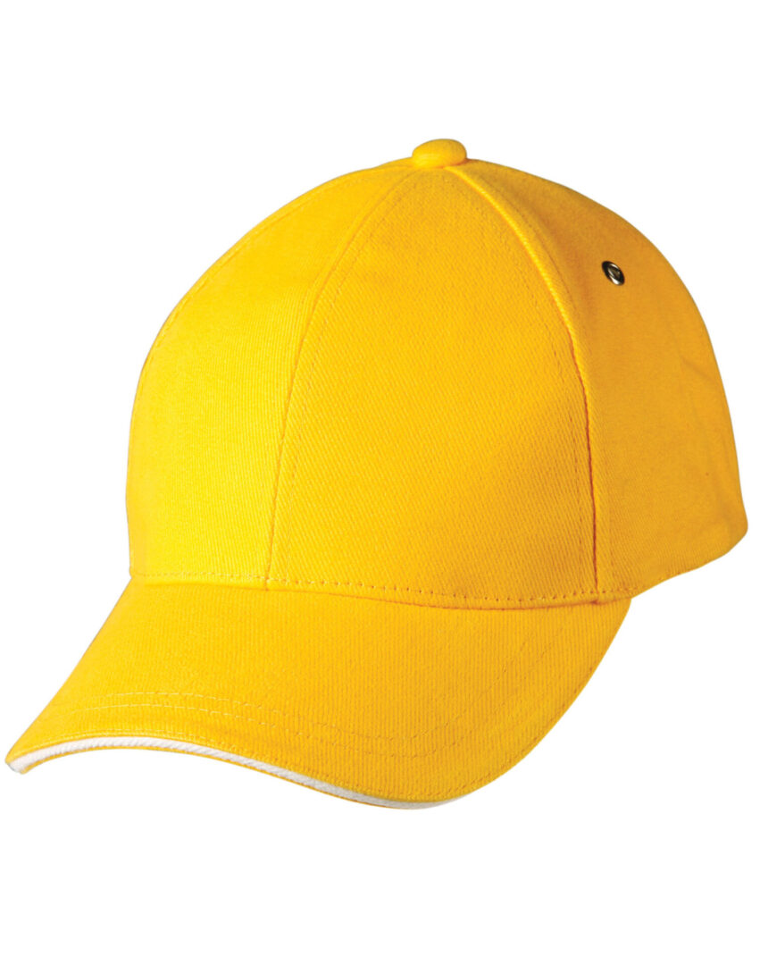 A yellow baseball cap with white trim on top of it.