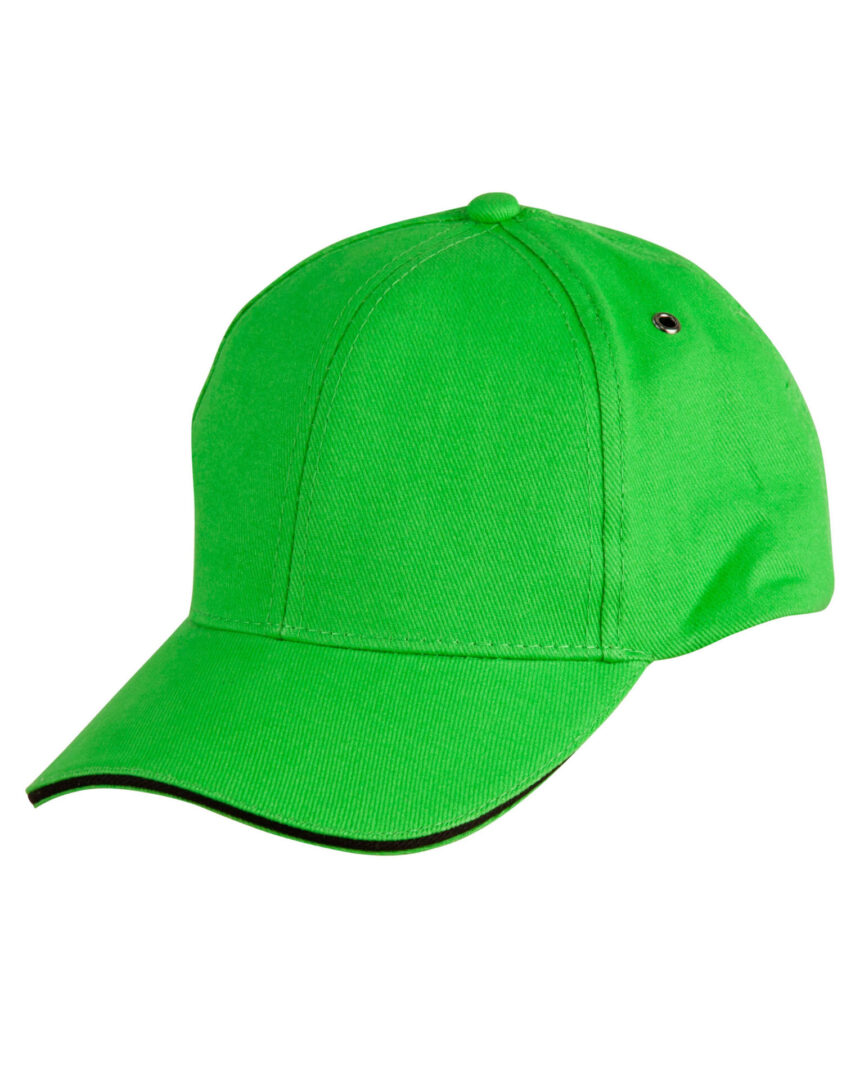 A neon green hat with black trim on top of it.