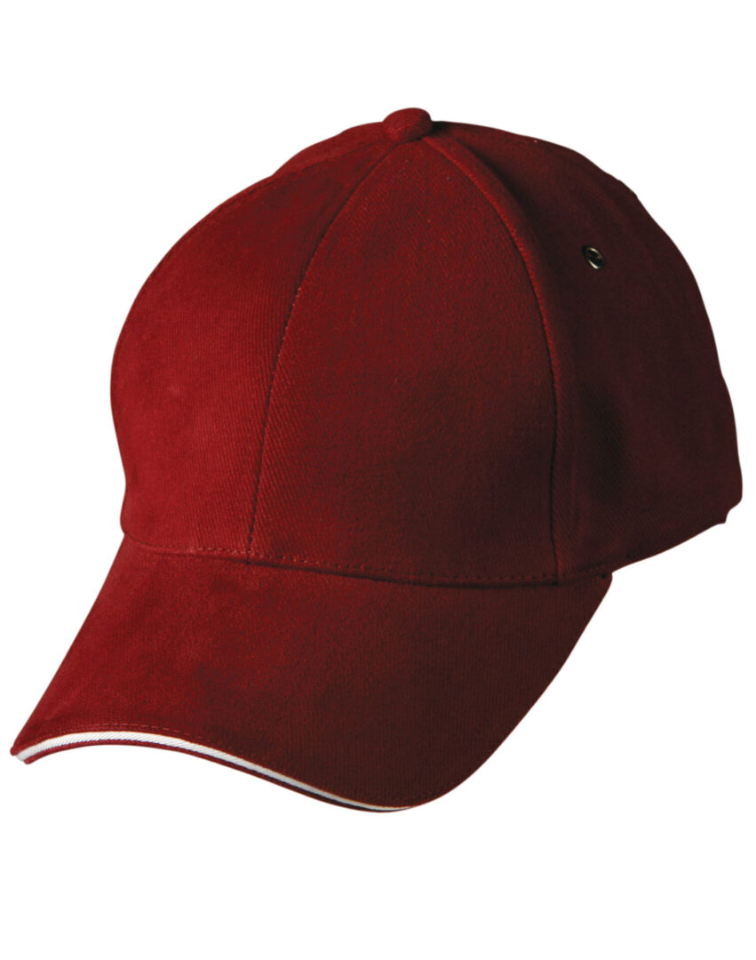 A red hat with white trim on top of it.