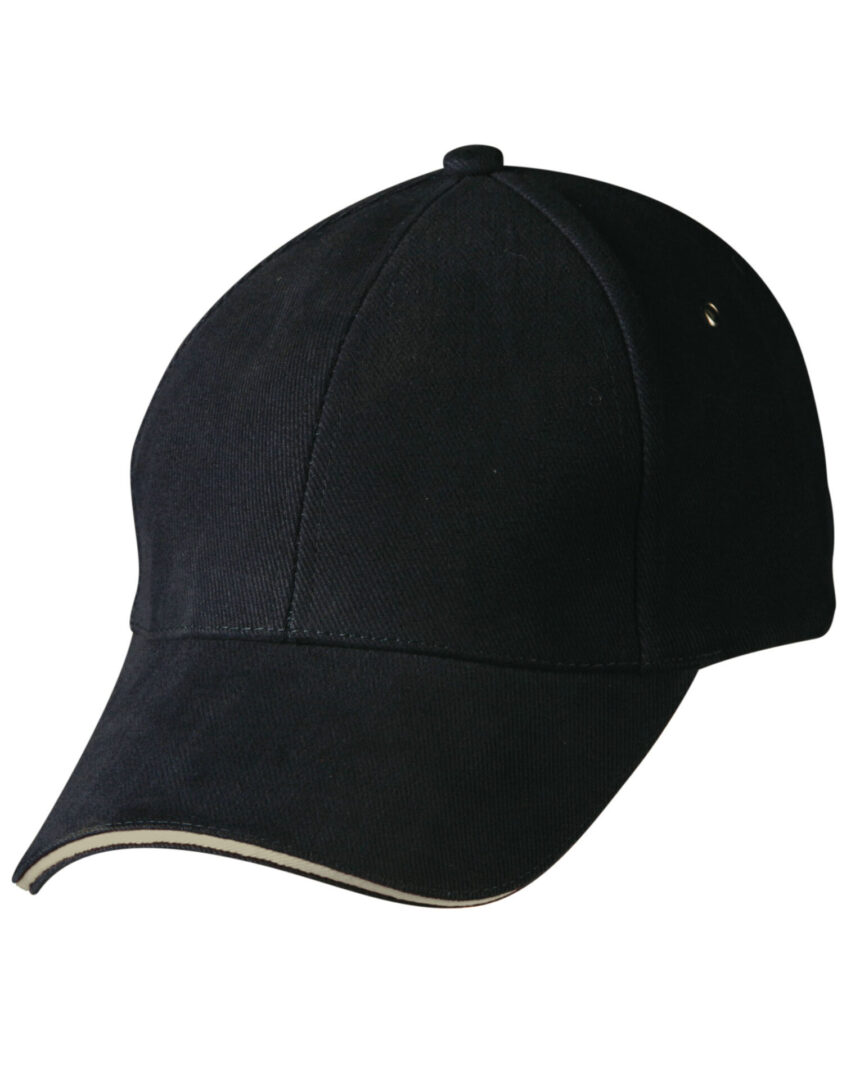 A black hat with white trim on top of it.