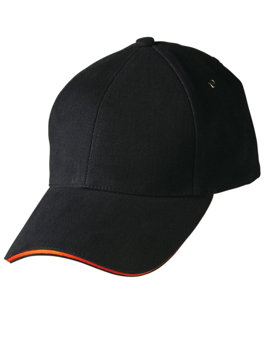 A black hat with orange trim on top of it.