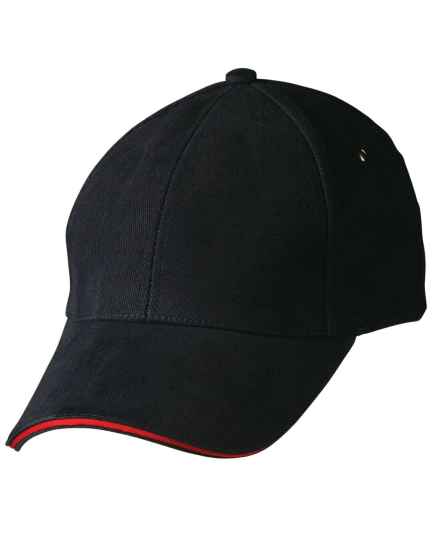 A black hat with red trim on top of it.