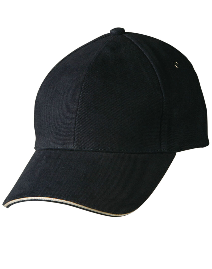 A black hat with white trim on top of it.