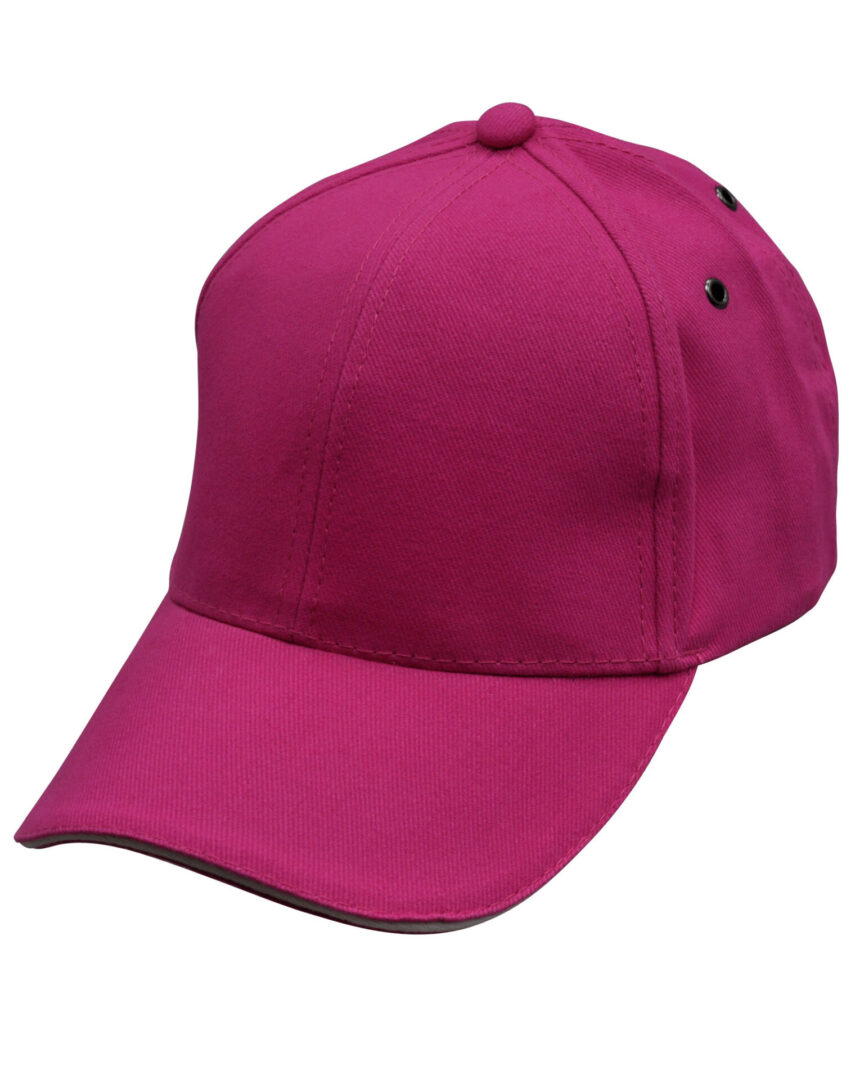 A pink baseball cap with black trim on top of it.