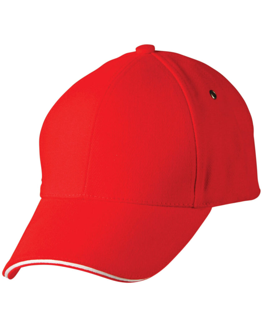 A red hat with white trim on top of it.