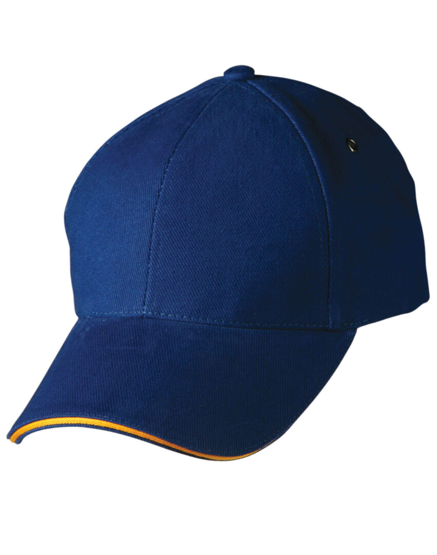 A blue hat with yellow trim on top of it.