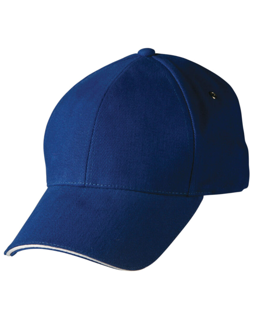 A blue hat with white trim on top of it.