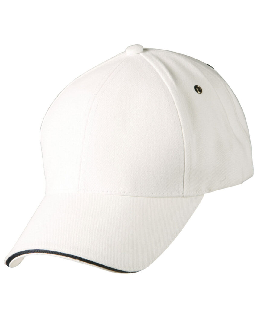 A white hat with black trim on top of it.