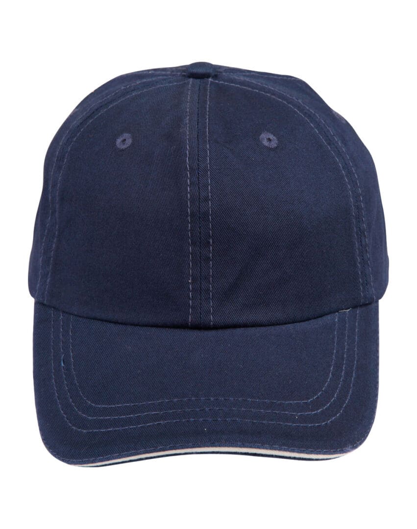 A blue hat with white trim on top of it.