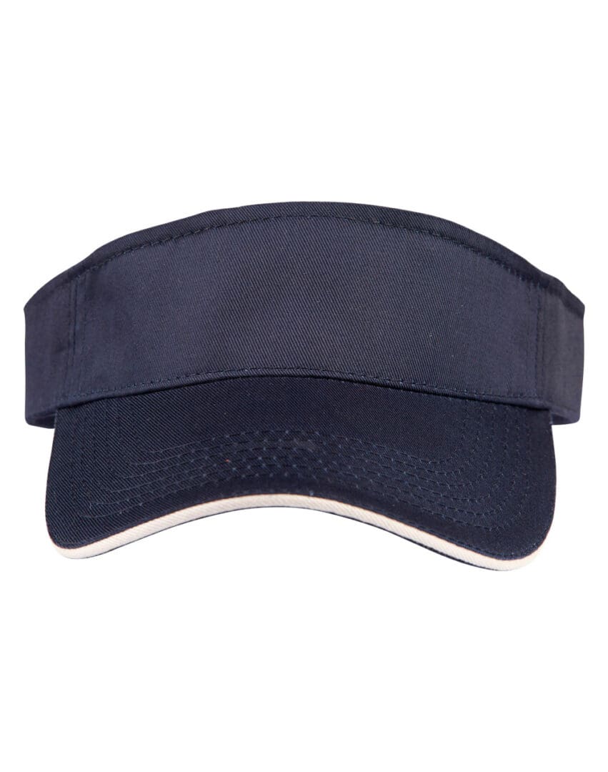 A black visor with white trim on top of it.