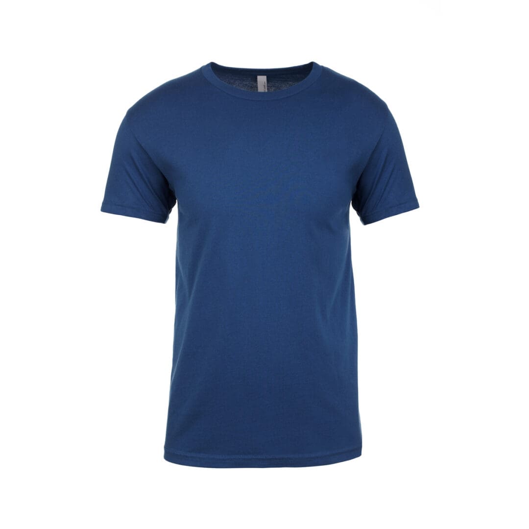 A blue t-shirt is shown on a white background.