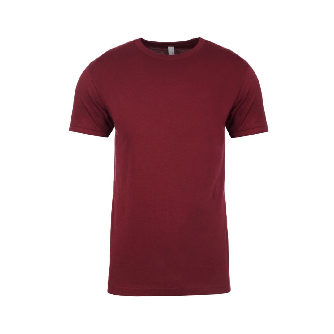 A maroon colored t-shirt is shown.