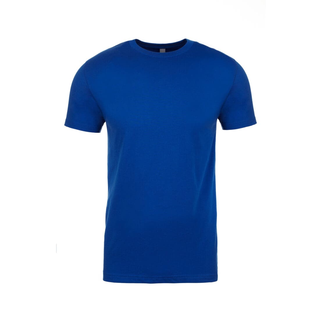 A blue t-shirt is shown on a white background.