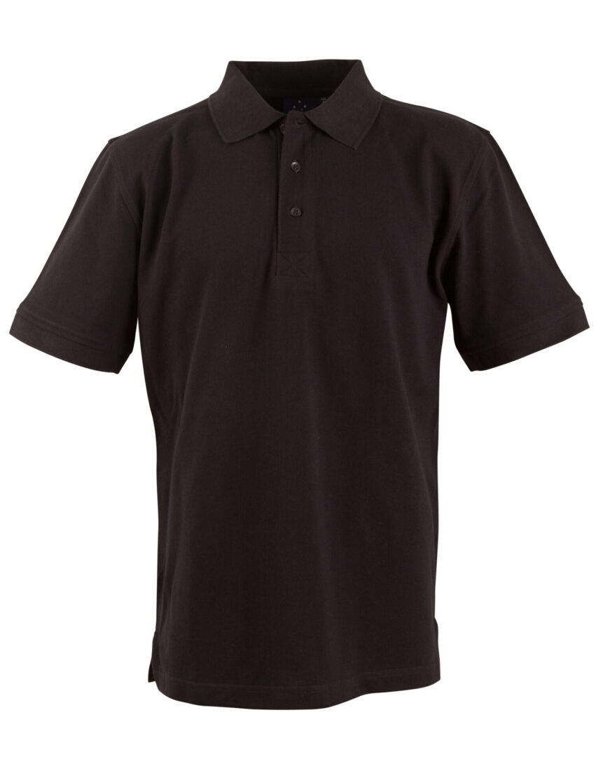 A black polo shirt is shown on a white background.