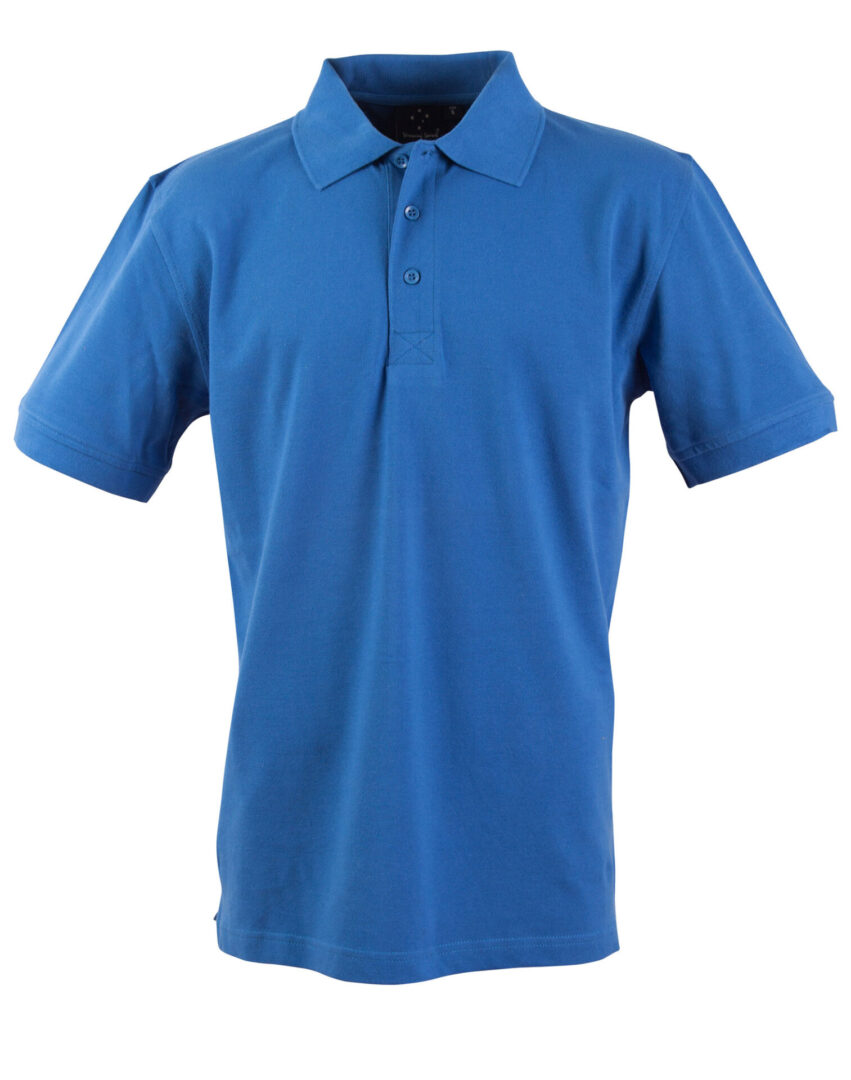 A blue polo shirt is shown on a white background.