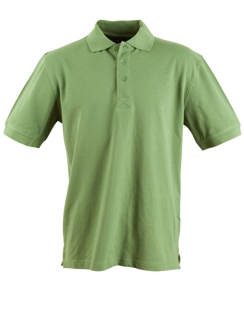 A green polo shirt is shown on a white background.