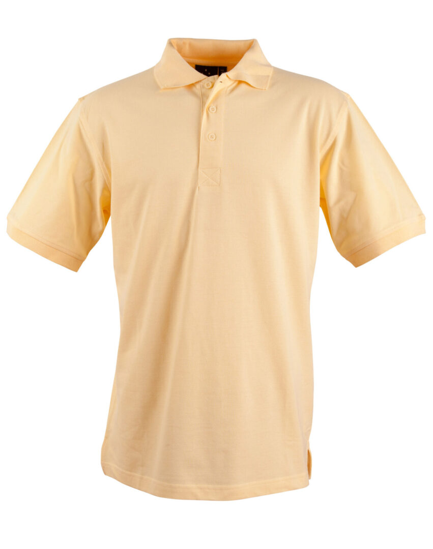 A yellow polo shirt is shown on a white background.