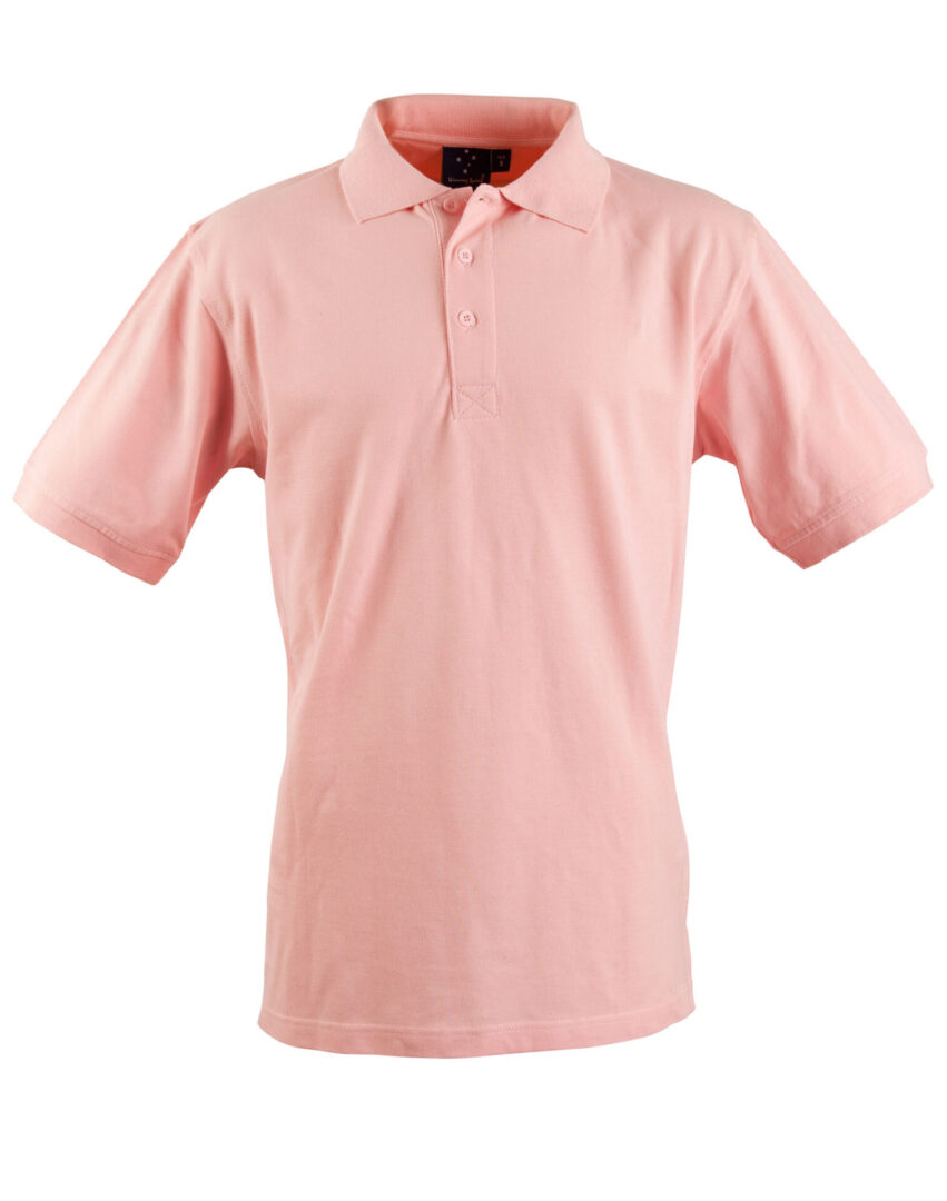 A pink polo shirt is shown on a white background.