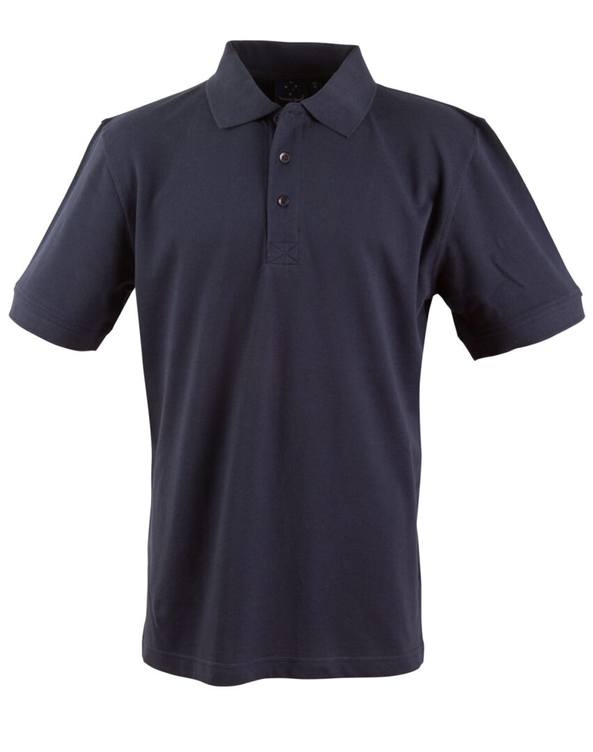 A black polo shirt is shown on a white background.