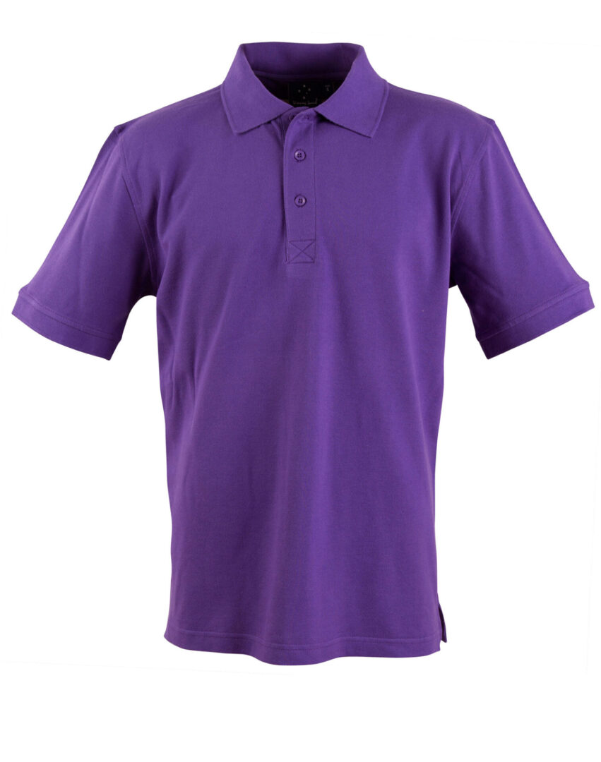 A purple polo shirt is shown on a white background.